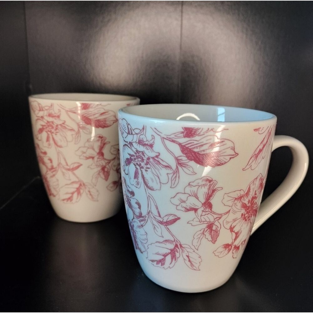 Verdi by Sango Set of 2 Toilet de Jouy Pattern Floral Pink and White Mugs